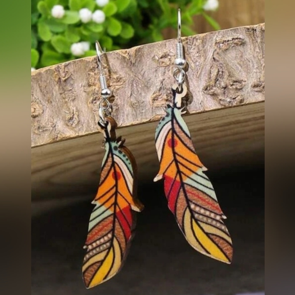 Multicolor Wood Feather 2" Earrings
